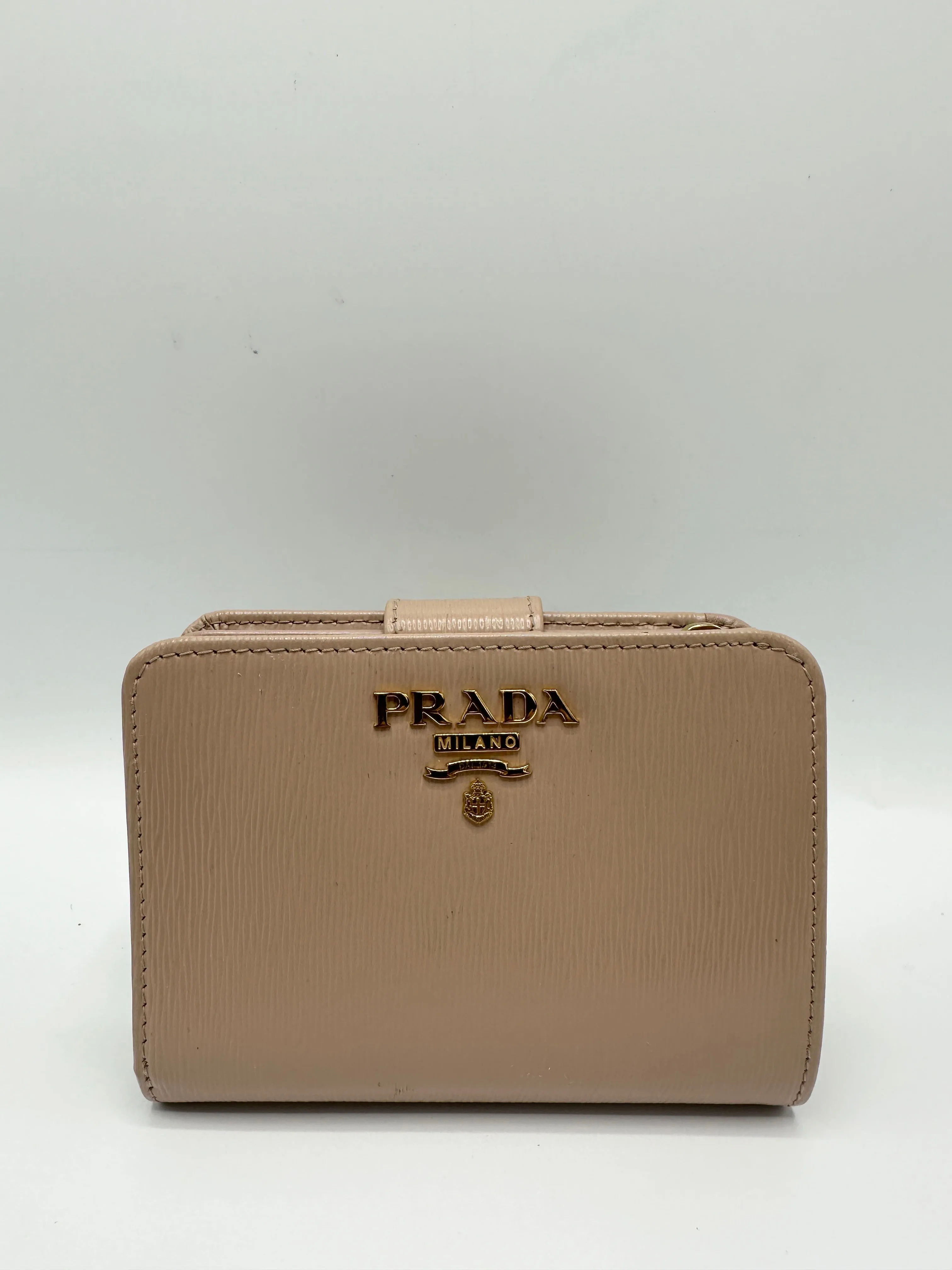 Beige Saffiano Leather Trifold Compact Wallet