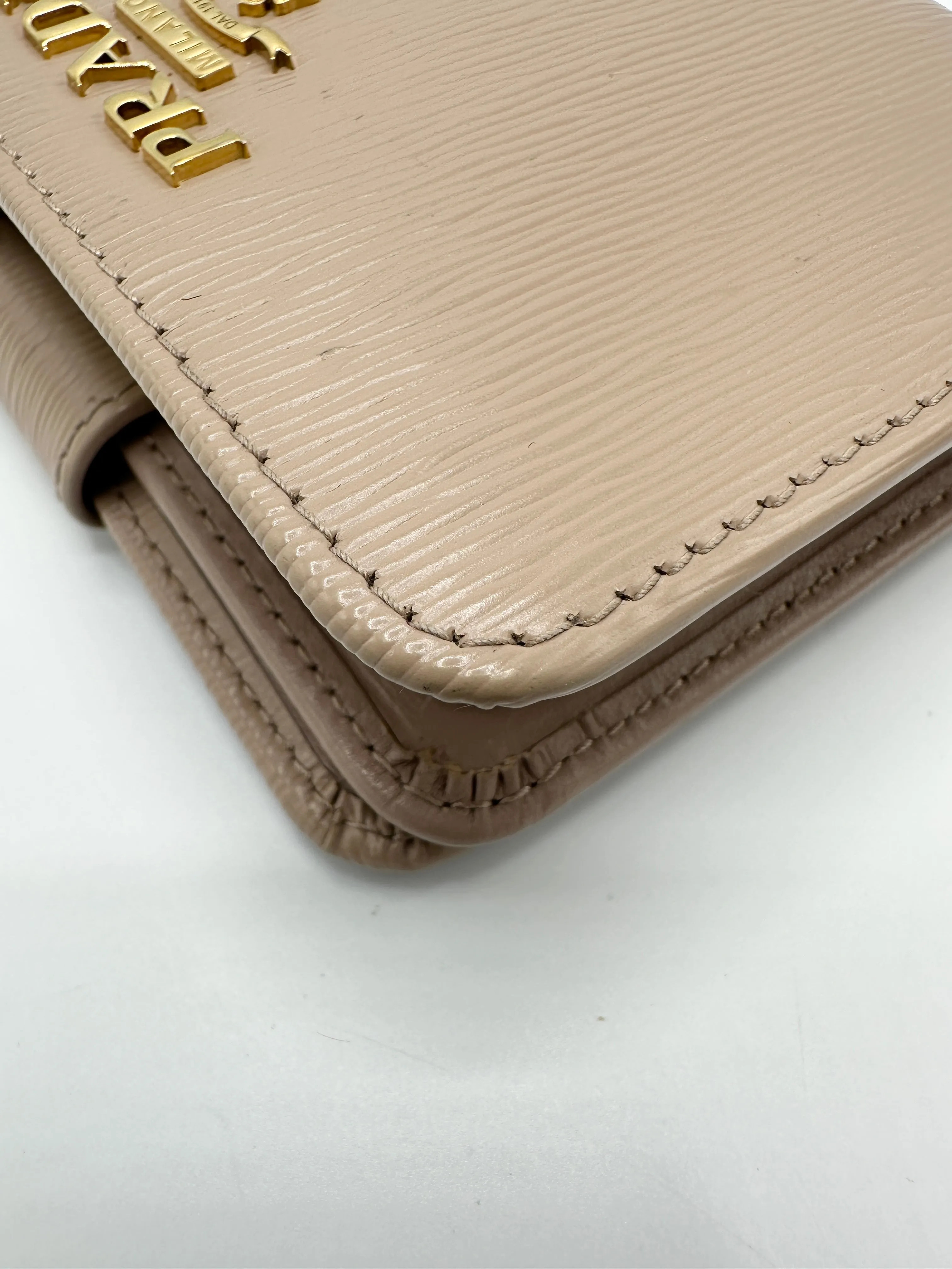 Beige Saffiano Leather Trifold Compact Wallet