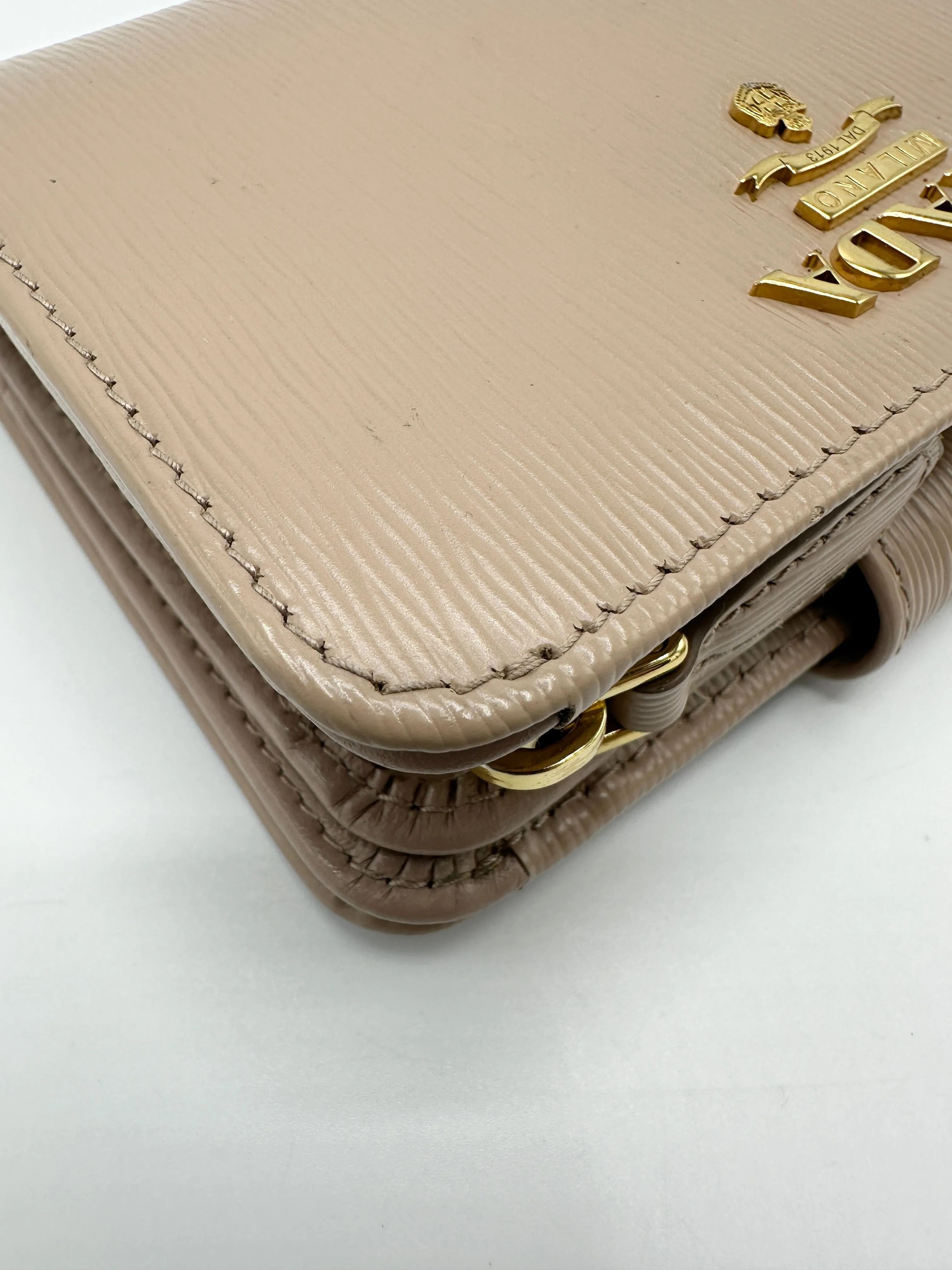 Beige Saffiano Leather Trifold Compact Wallet