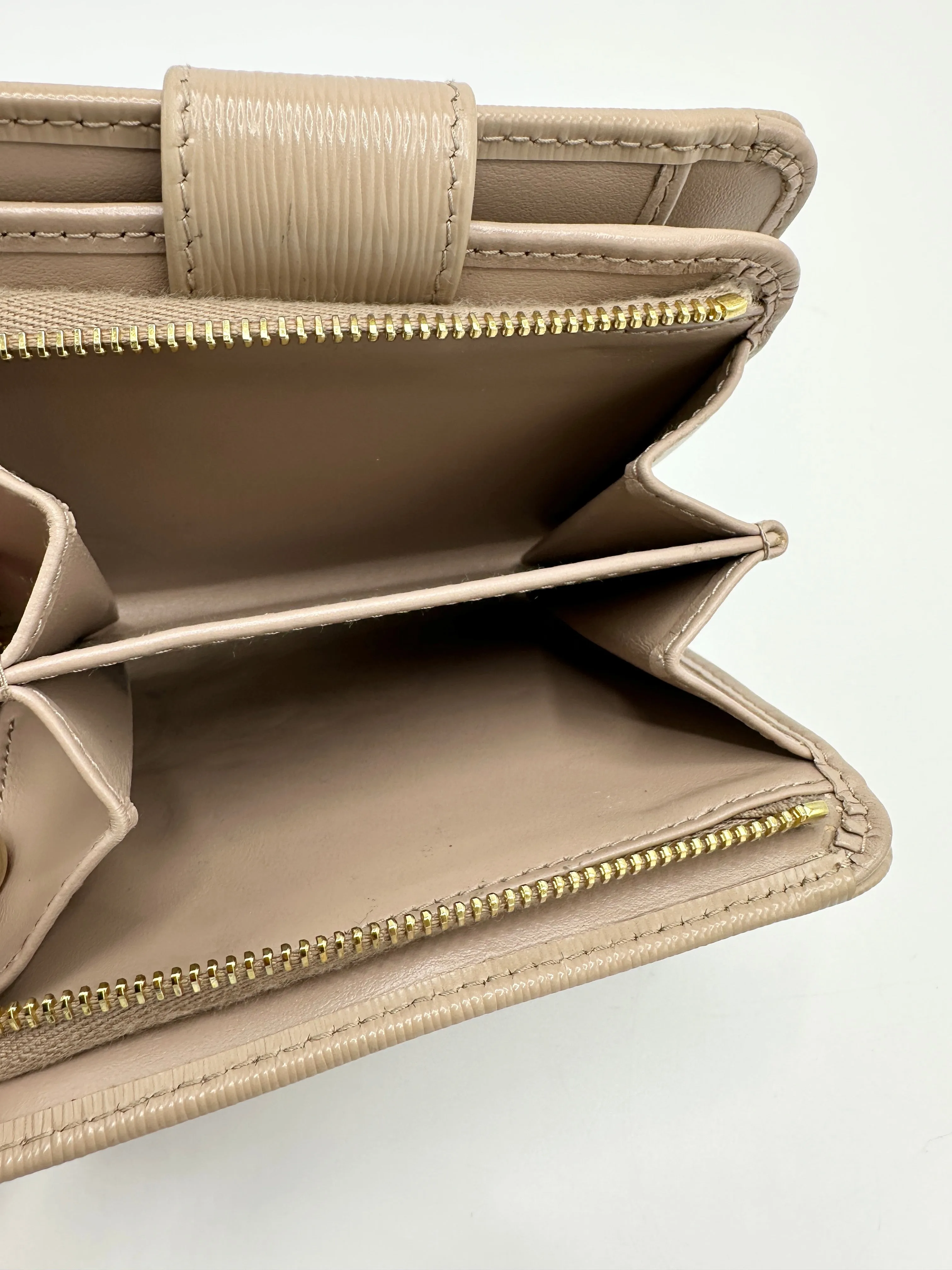 Beige Saffiano Leather Trifold Compact Wallet