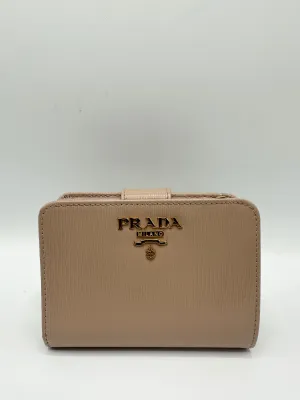 Beige Saffiano Leather Trifold Compact Wallet