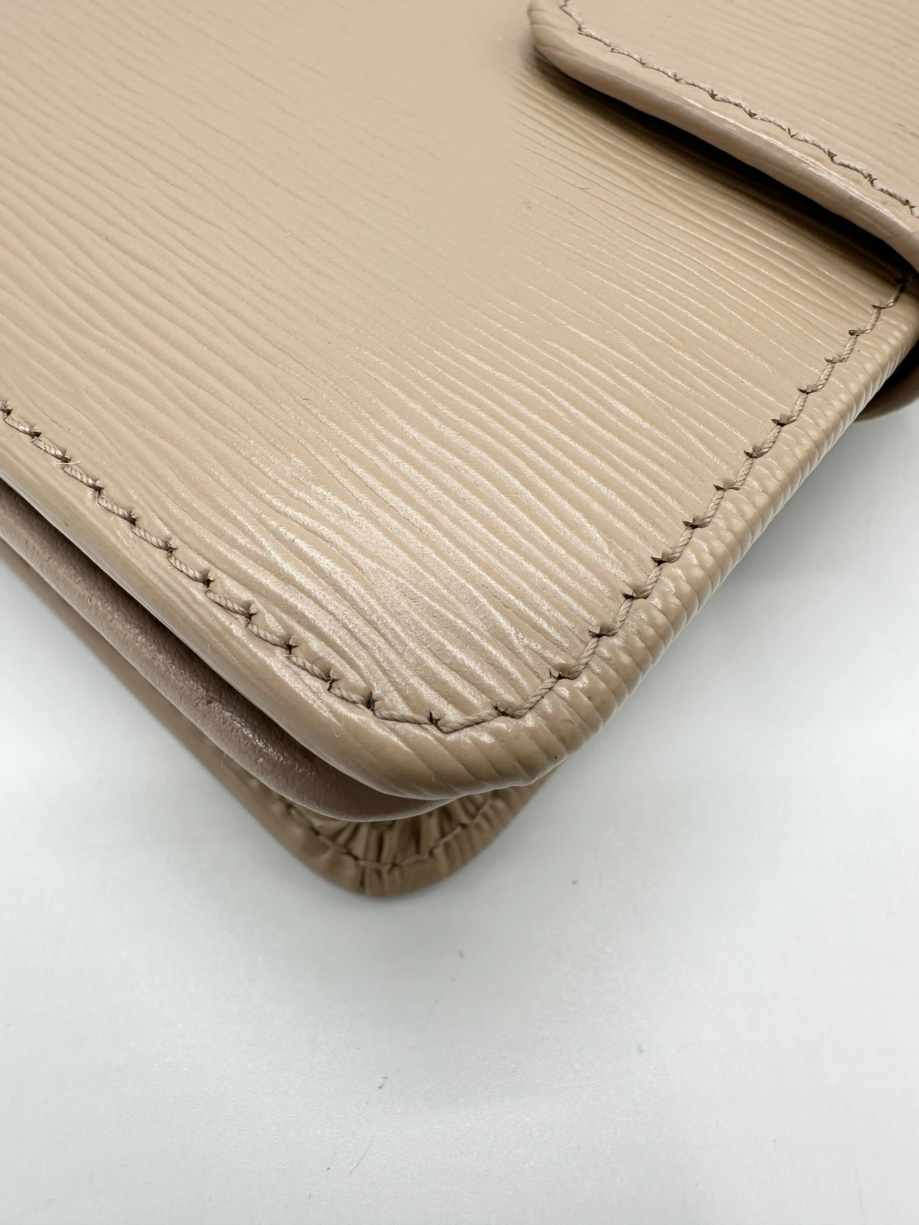Beige Saffiano Leather Trifold Compact Wallet