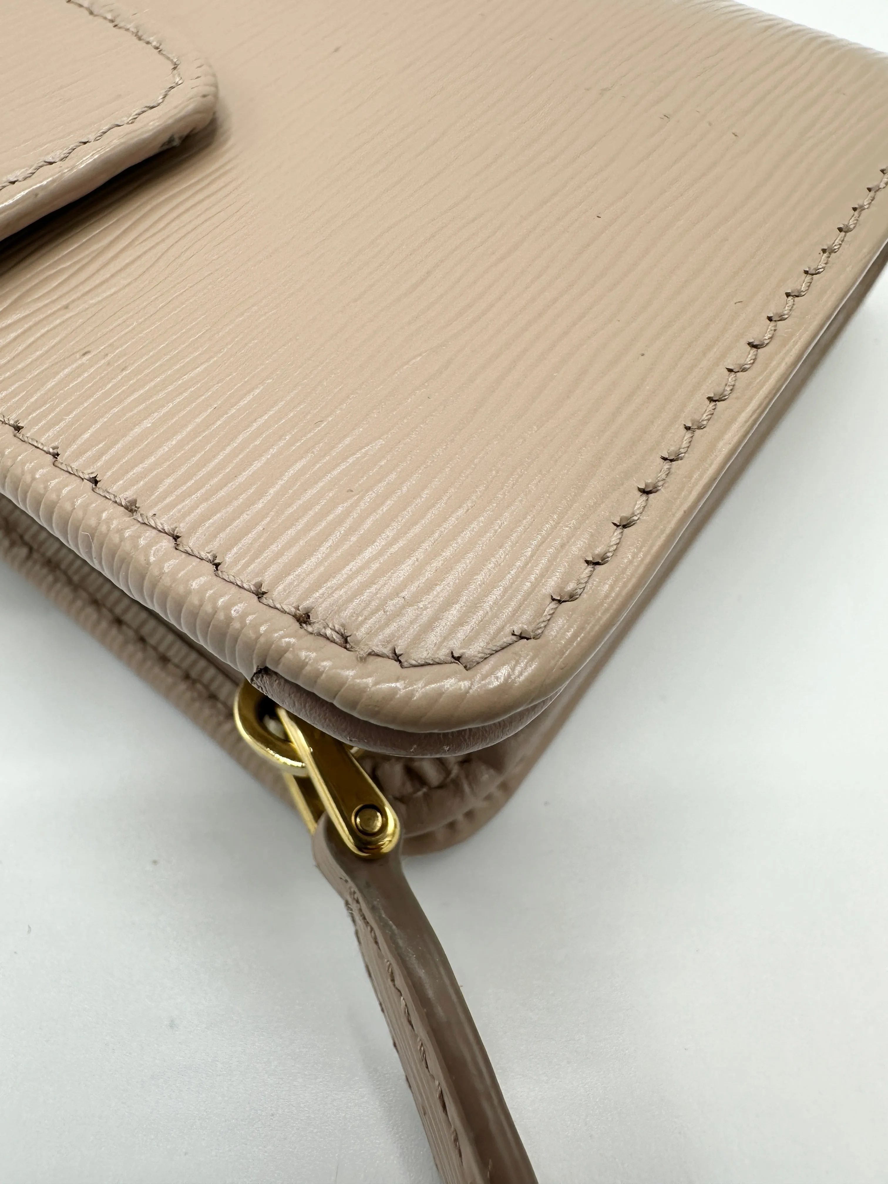 Beige Saffiano Leather Trifold Compact Wallet