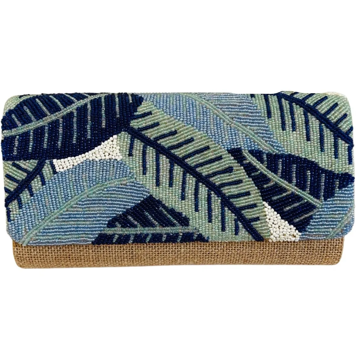 Blue Banana Leaf Beaded Wicker Clutch