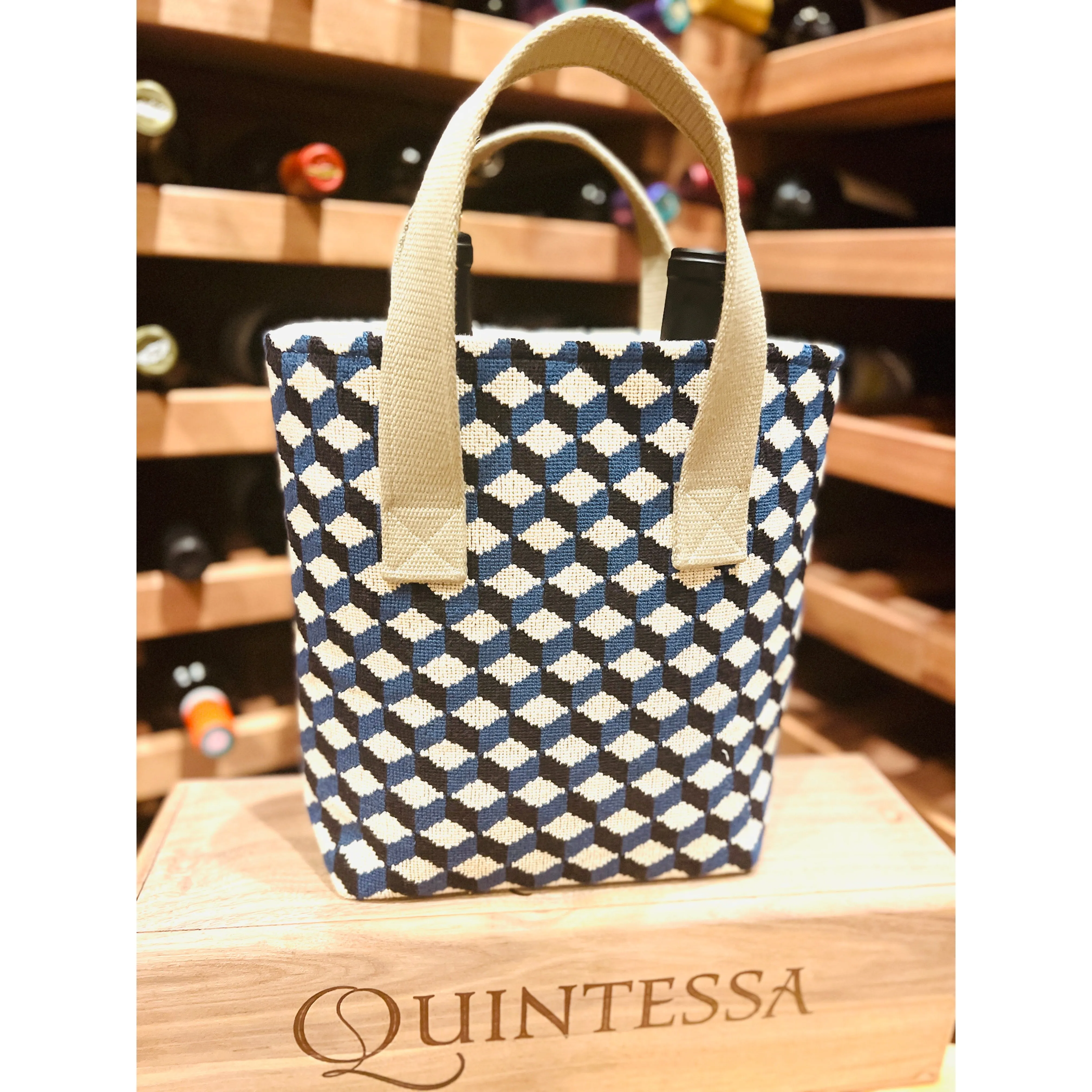 Cobalt Cubed Needlepoint Wine Tote (Double Bottle)