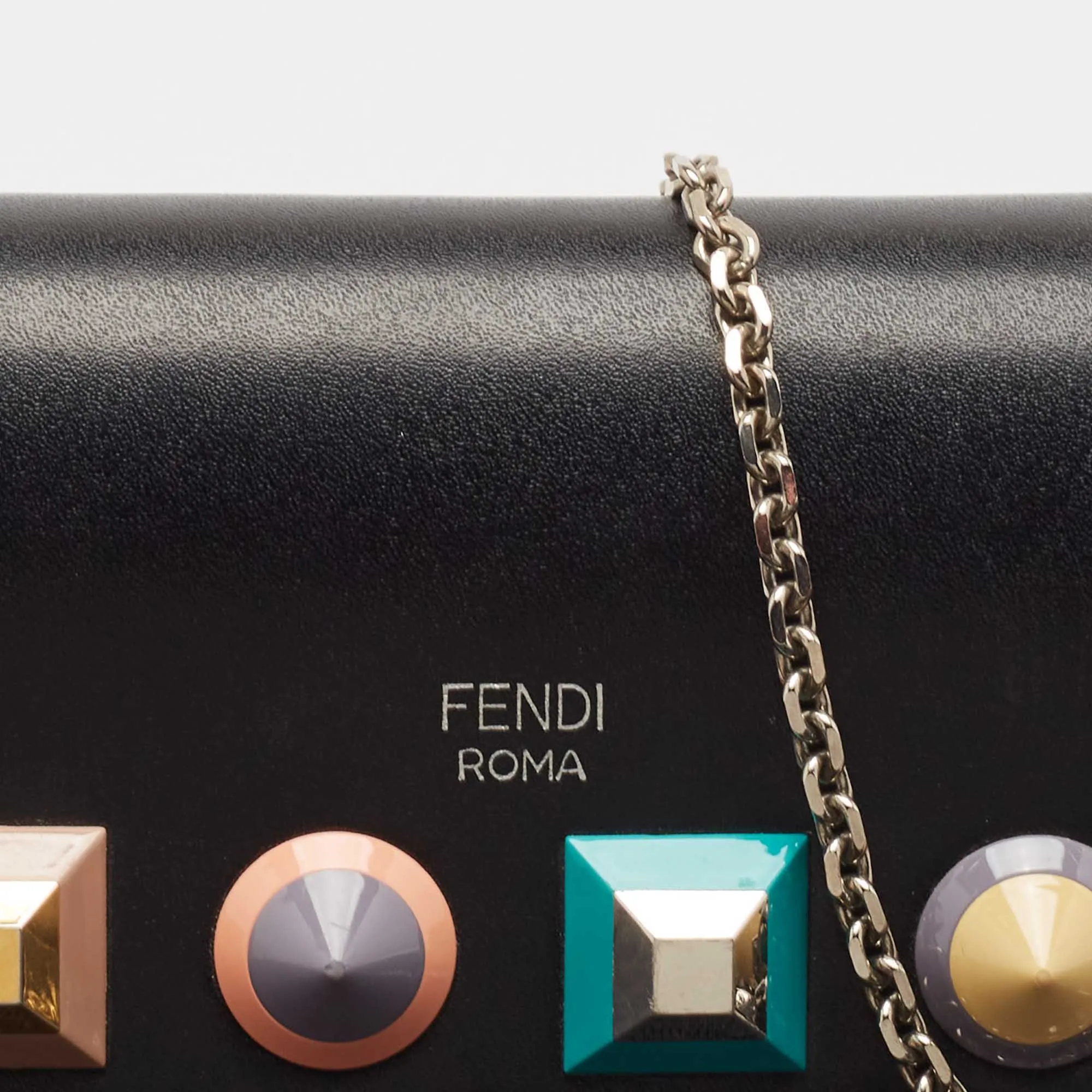 Fendi Black Leather Rainbow Stud Flap Wallet On Chain