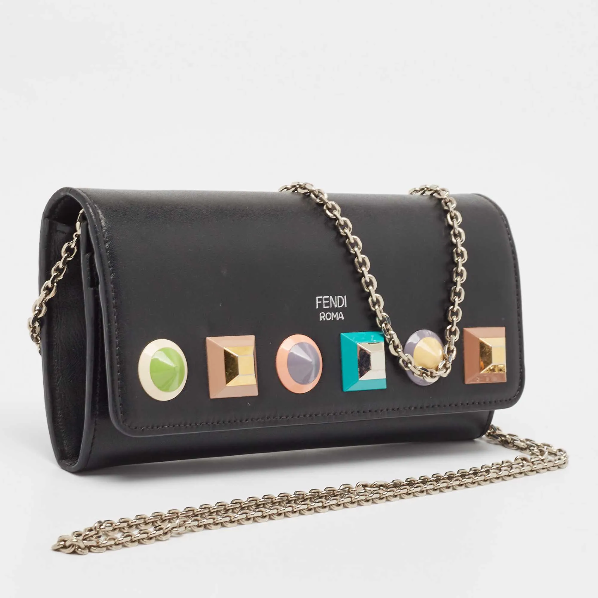 Fendi Black Leather Rainbow Stud Flap Wallet On Chain