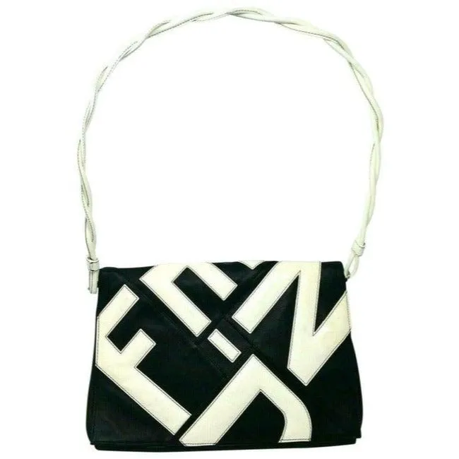 Fendi Clutch W Two Way Envelope Bagclutch Logo Black Leatherwhite Patent Shoulder Bag