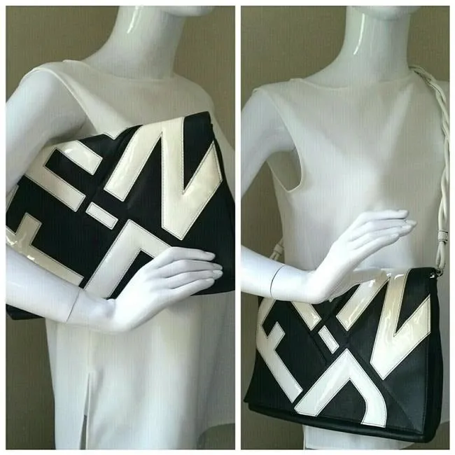 Fendi Clutch W Two Way Envelope Bagclutch Logo Black Leatherwhite Patent Shoulder Bag