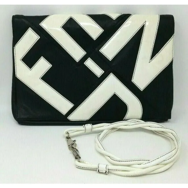 Fendi Clutch W Two Way Envelope Bagclutch Logo Black Leatherwhite Patent Shoulder Bag