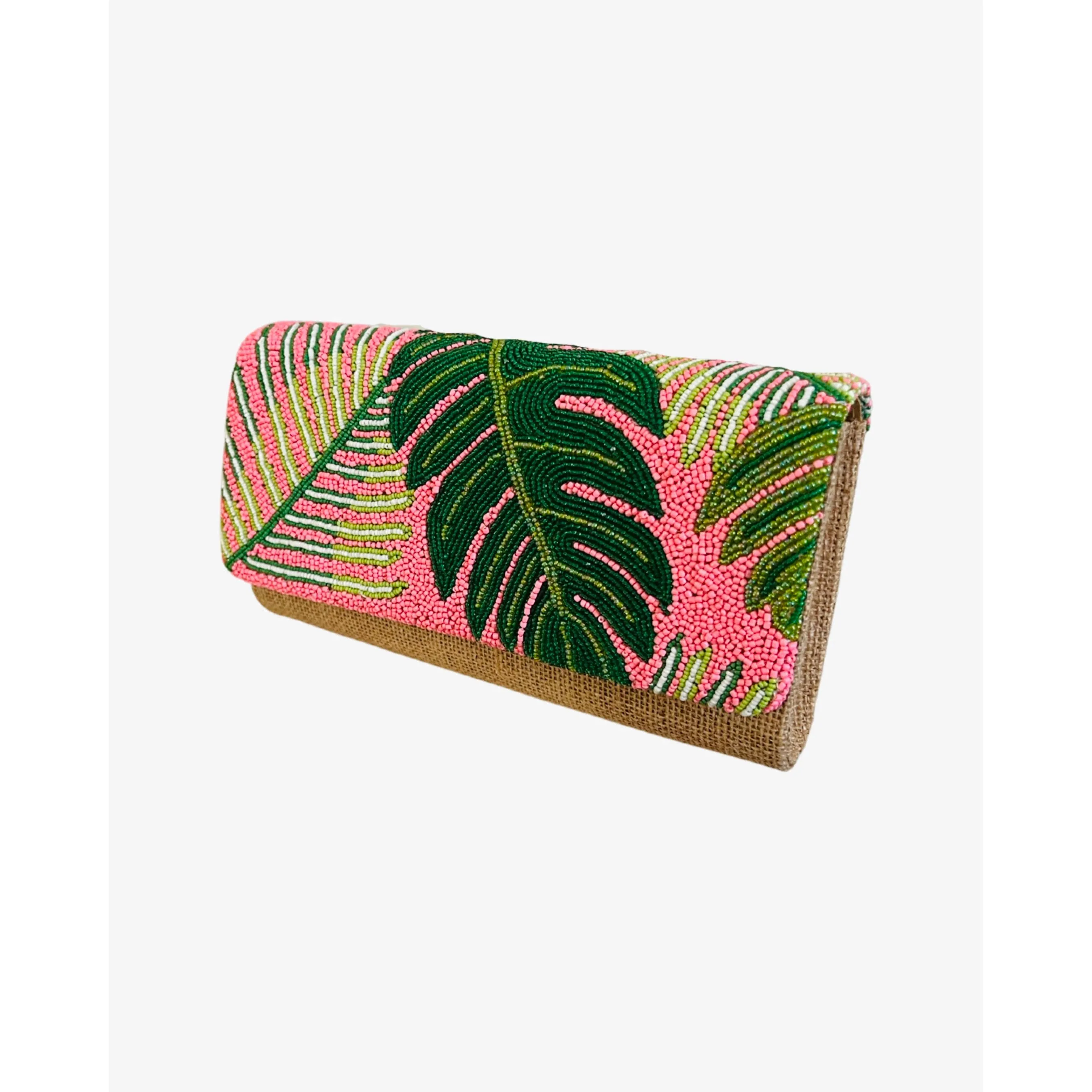 Pink Banana Leaf Beaded Wicker Clutch