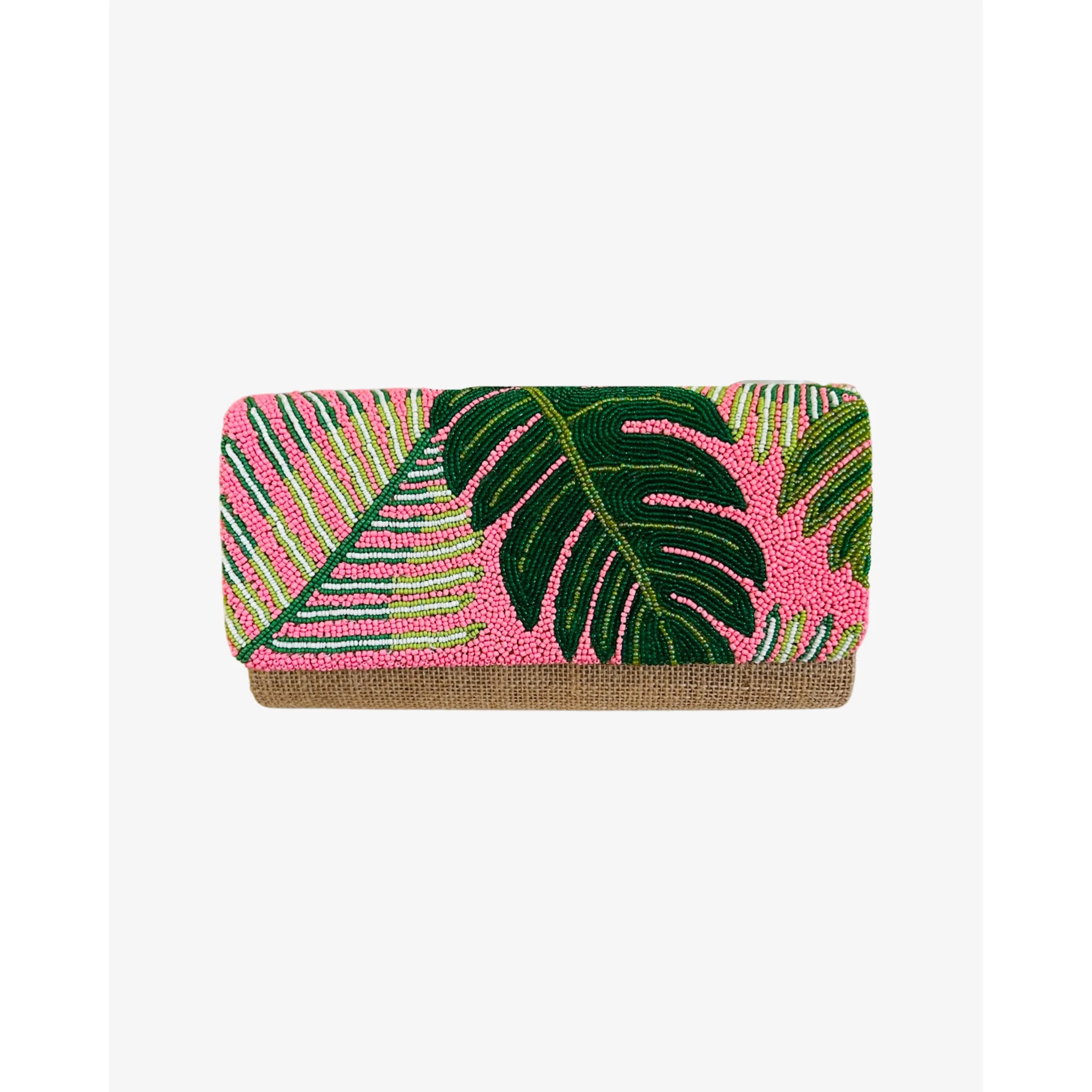Pink Banana Leaf Beaded Wicker Clutch